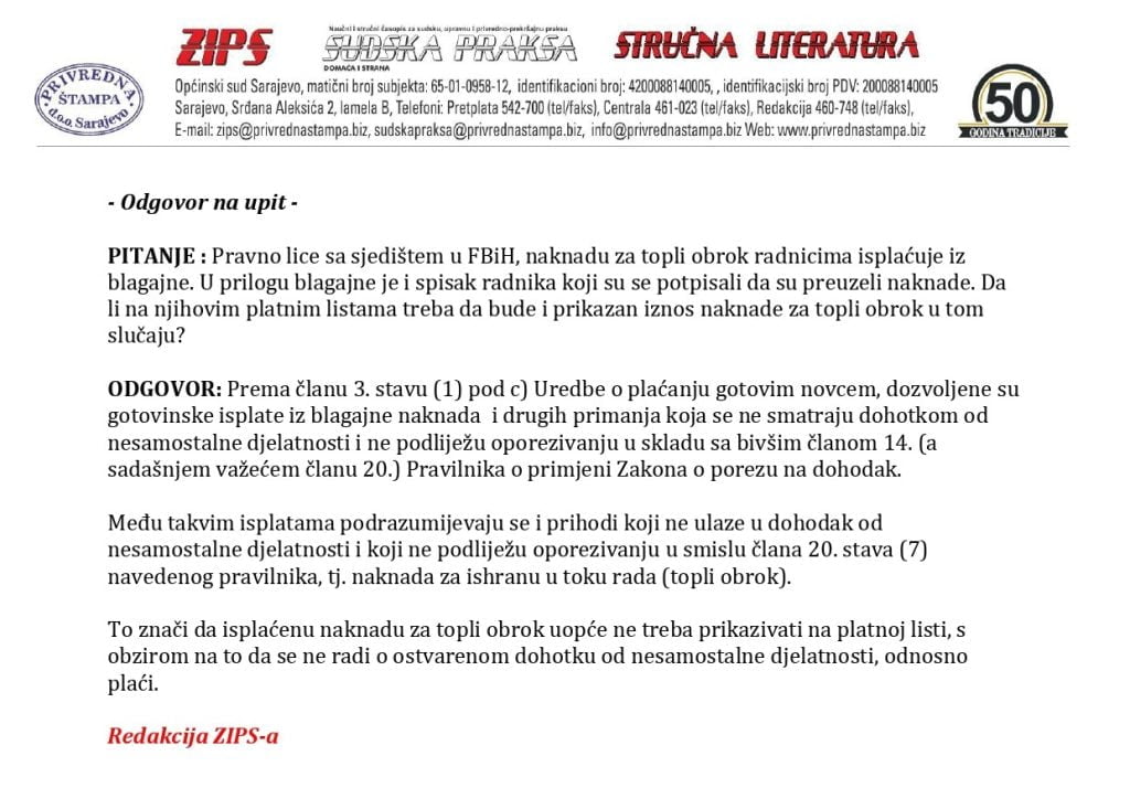 Pravno lice sa sjedištem u FBiH, naknadu za topli obrok radnicima isplaćuje iz blagajne. U prilogu blagajne je i spisak radnika koji su se potpisali da su preuzeli naknade. Da li na njihovim platnim listama treba da bude i prikazan iznos naknade za topli obrok u tom slučaju?